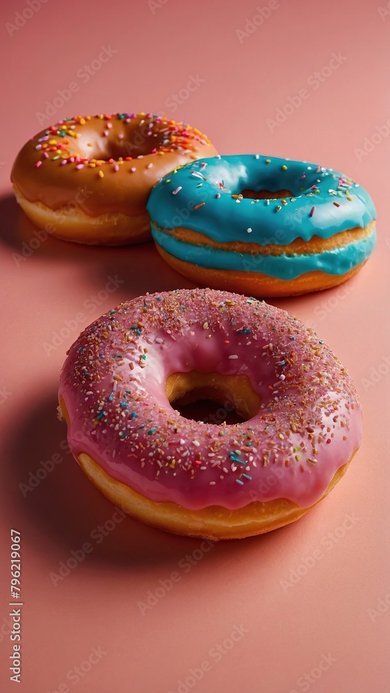 Donuts in multi-colored glaze on a bright background. A work of art from a pastry genius! Donuts in multi-colored glaze on a bright background. A work of art from a pastry genius!