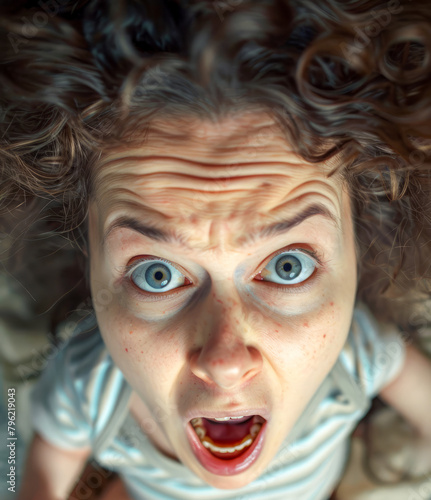 Close up of person with surprised look on their face and hair.