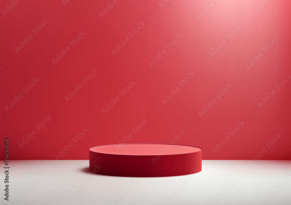 3D red podium on white floor with a red wall in the background, Minimal style, Product display, Mockup, Showcase, Showroom presentation 3D red podium on white floor with a red wall in the background, Minimal style, Product display, Mockup, Showcase, Showroom presentation