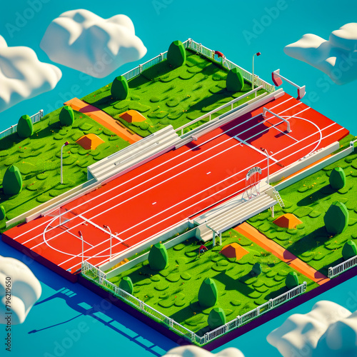 Aerial view of track and field in blue sky with white clouds.
