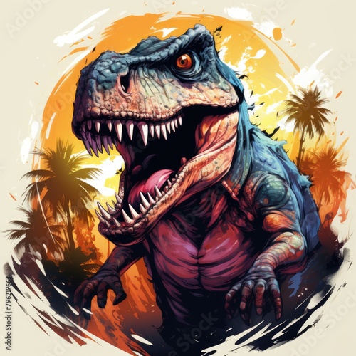 A watercolor painting of a Tyrannosaurus Rex with vibrant colors and a retro 80s Memphis style. © Atchariya63