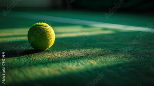 Solitary tennis ball rests on the vibrant green surface of a sunlit tennis court photo