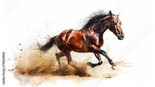 watercolor brown horse galloping in dust  white background