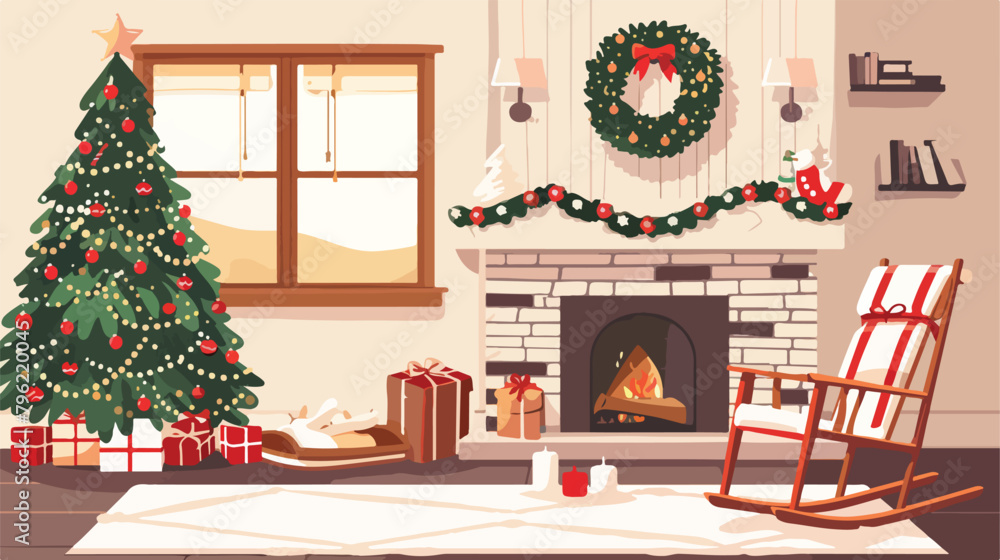 Living room with rocking chair Christmas tree firepla