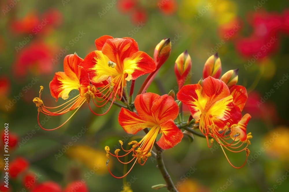 Brilliant Red and Yellow Mexican Bird of Paradise Flower in Full Bloom - Perfect for your Brilliant Red and Yellow Mexican Bird of Paradise Flower in Full Bloom - Perfect for your