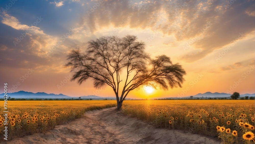 Beautiful landscape of dry tree branch and sun flowers field against colorful evening dusky sky use as natural