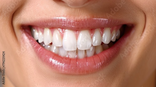 Close-up of a young woman s smile Teeth that are white  clear and beautifully aligned. Indicates good dental health.