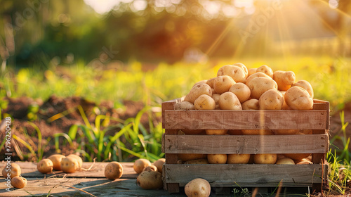 A wooden box filled with neatly laid out harvested potatoes, against the backdrop of a bright blooming vegetable garden in the sun.