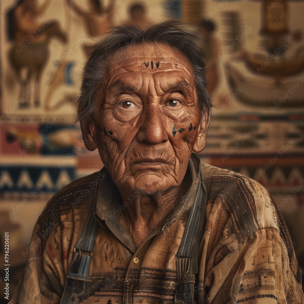 A Native American craftsman with a blurred background of intricate handiwork, focusing on his proud, stoic expression A Native American craftsman with a blurred background of intricate handiwork, focusing on his proud, stoic expression