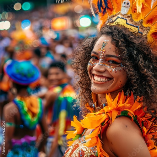 A Brazilian carnival performer in costume, the festivities and vibrant crowds blurred behind her radiant smile