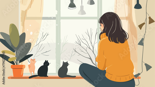 Lonely Woman near the window with cats. Vector hand 