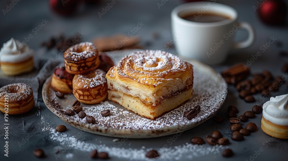 Crispy fresh pastries and coffee mugs for breakfast ideas. Bakery. Taste breakfast.