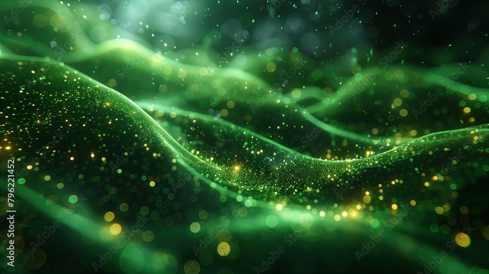 Curve of green light on a dark background. Filled with shimmering particles, creating a feeling of futuristic movement.