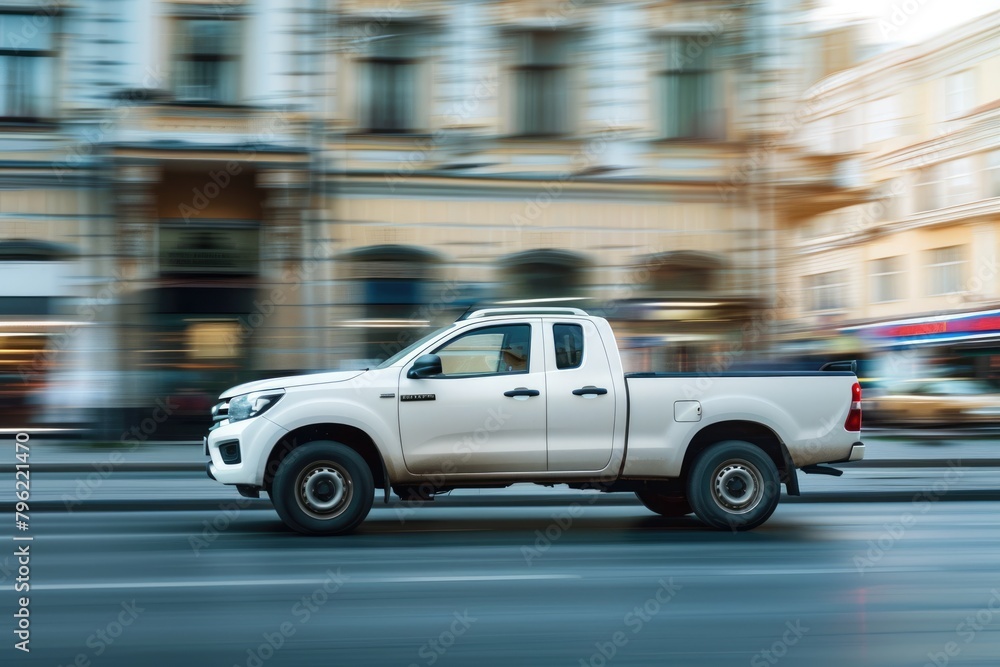 White Modern Pick-Up Truck on City Street. Fast and Efficient Delivery and Transportation White Modern Pick-Up Truck on City Street. Fast and Efficient Delivery and Transportation