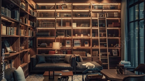 Hotel library with a collection of books and a cozy common reading room. Comfort, tranquility, cabinets full of books, literature, armchairs. Advertising image concept for hotels. Generative by AI