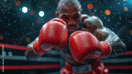 Image of a boxer player controlling the punches on the boxing ring background. Bright with a spotlight photo