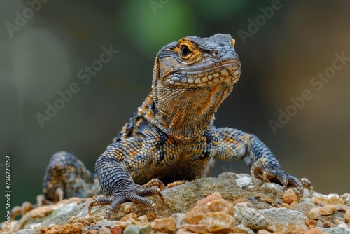 Monitor Lizard  Climbing on rocks with textured skin  depicting its terrestrial habitat.