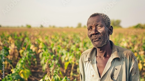 An impoverished farmer faces crop failure and food insecurity. African American, black man, poverty, hunger, tragedy, field, close-up, blur, sadness and concern for tomorrow. Generative by AI