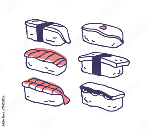 Japanese nigiri set. Asian Japan food. Sushi with rice, nori and eel, salmon fish, shrimp, squid, octopus slices, seafood. Outlined contoured vector illustration isolated on white background