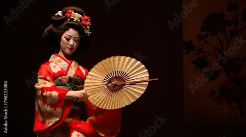 Japanese war dance with fans performed by skilled geisha. Japanese aesthetics, woman in martial arts, makeup, geisha. Concept of a militant girl, equal rights, female independence. Generative by AI