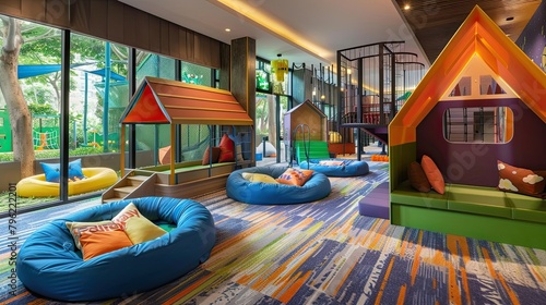 Kids club in the hotel with play areas and entertainment for kids. Interior, tiles, toys, locks for children, entertainment, kindergarten. Advertising image concept for hotels. Generative by AI