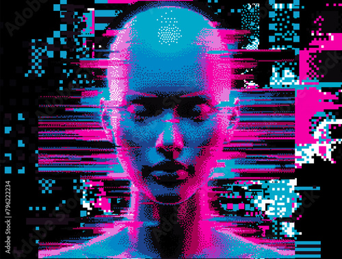 Glitched and pixelated silhouette of a 3D human head on a dark background. Conceptual vector illustration about man in the age of technology. 
