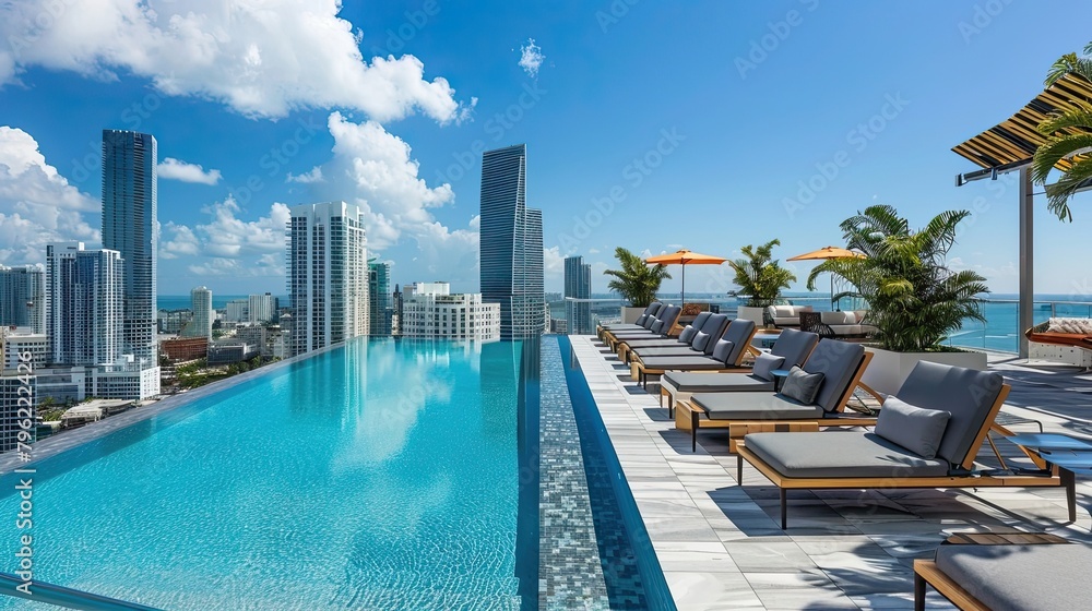 Luxurious rooftop pool at the hotel with loungers and views of the city skyline. Fresh air, relaxation, beautiful view of the city, skyscrapers. Advertising image concept for hotels. Generative by AI