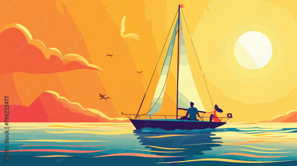 Man and woman are sailing in a boat. Vector flat illustration