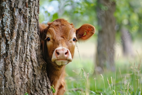 Mini Cow Dexter in Beautiful Pasture Behind a Tree with Nature Surrounding photo
