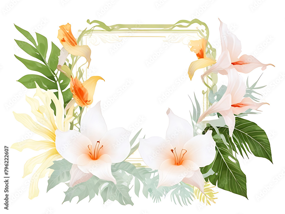 Square frame Decorated with colorful flowers and green leaves on a white background. - obrazy, fototapety, plakaty 