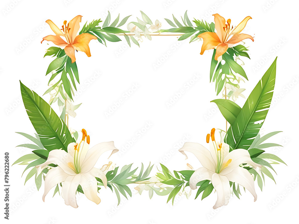 White picture frame decorated with white lilies and green leaves that Simple arrangement, white background - obrazy, fototapety, plakaty 