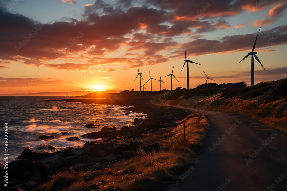 Sunset behind silhouetted wind turbines, representing wind power against climate change. - obrazy, fototapety, plakaty 