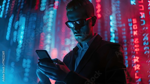 A mysterious agent in a hat, glasses and a jacket secretly transmits encrypted data, tracking down criminals, special agent, abstract image. Matrix concept, cyber space. Generative by AI photo