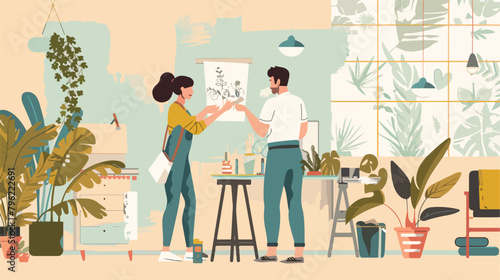 Man and woman glues wallpaper at home. Vector flat style