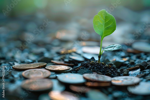vibrant green shoot emerging from a pile of coins, symbolizing the initial phase of a loan application transforming into financial growth photo