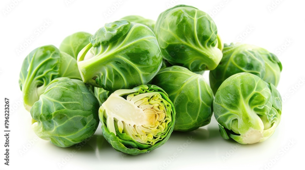 Fresh Group of Brussels Sprouts Isolated on White Background - Healthy Germinating Green Food Fresh Group of Brussels Sprouts Isolated on White Background - Healthy Germinating Green Food