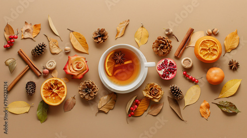 Autumn Flat lay composition. Cup of tea