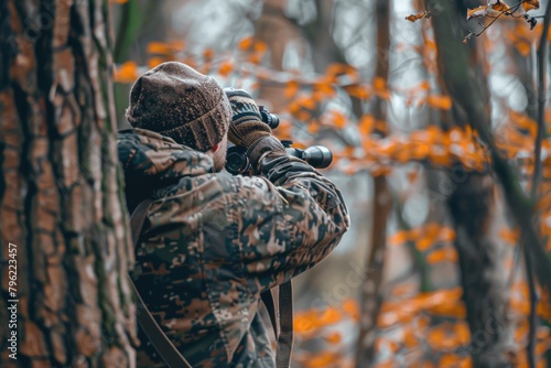 Hunter in Tree Stand: Aiming for a Successful Game in the Heart of Nature's Forest photo