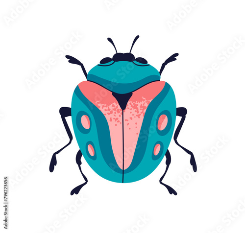 Fancy beetle. Fiction bug species, top view. Beautiful insect with spots on w...