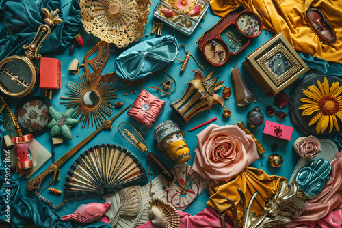 Vibrant maximalism hyperrealistic flat lay of eclectic finds detailed and dynamic 
