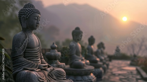 Buddha statue at sunrise, with mountains in the background.