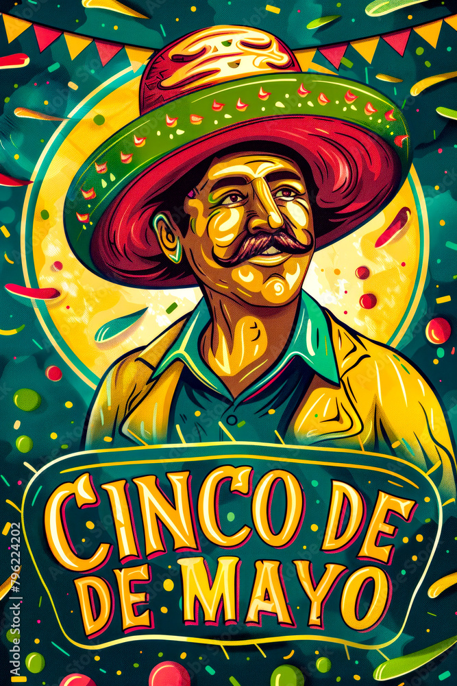 Man in sombrero holding sign that says cinco de mayo. Man in sombrero holding sign that says cinco de mayo.