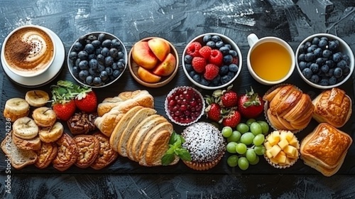 Continental breakfast spread from above, an array of pastries, fruits, and coffee, AI Generative