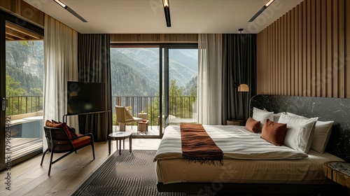 This hotel suite features a private balcony and mountain views. Luxury, splendor, fresh air, nature, vacation, landscape, high in mountains. Advertising image concept for hotels. Generative by AI