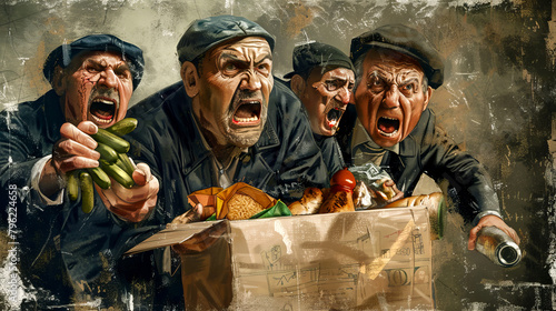 Painting of group of men holding box of food and bananas. photo