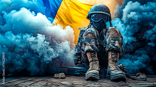 Soldier sitting on the ground with smoke coming out of his mouth and flag in the background. photo