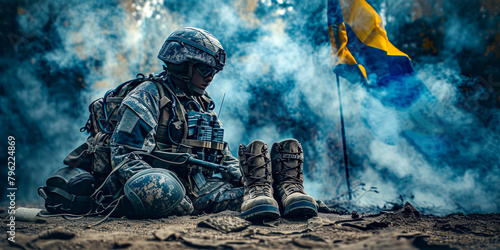Soldier sitting on the ground in front of flag and flag. photo