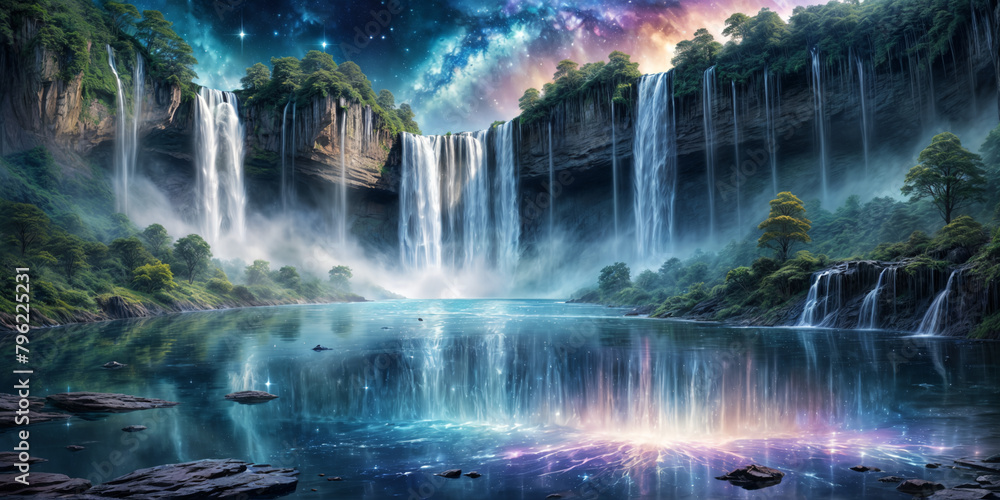 Create a breathtaking landscape featuring waterfalls cascading from the heavens, with shimmering colors and stars embedded within the water. The scene should feel majestic and otherworldly