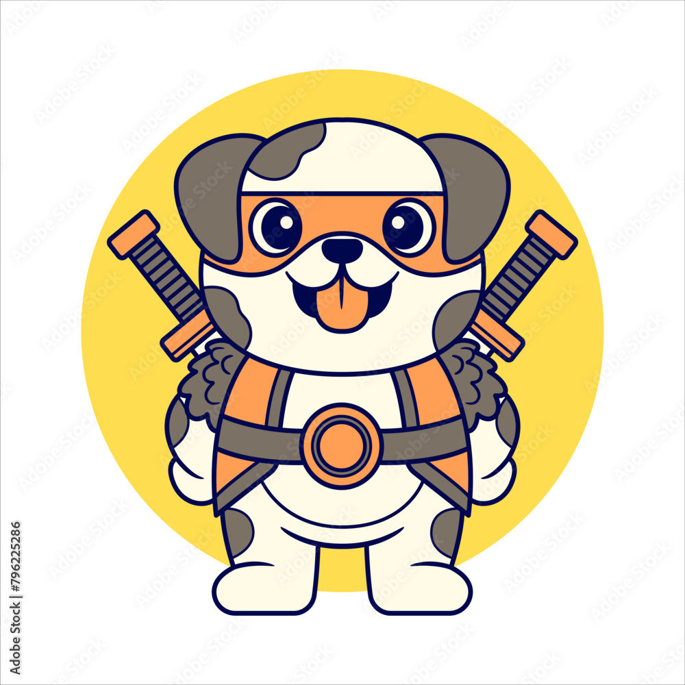 Adorable Dog with Medieval Warrior Costume holding Double Sword. Flat Color