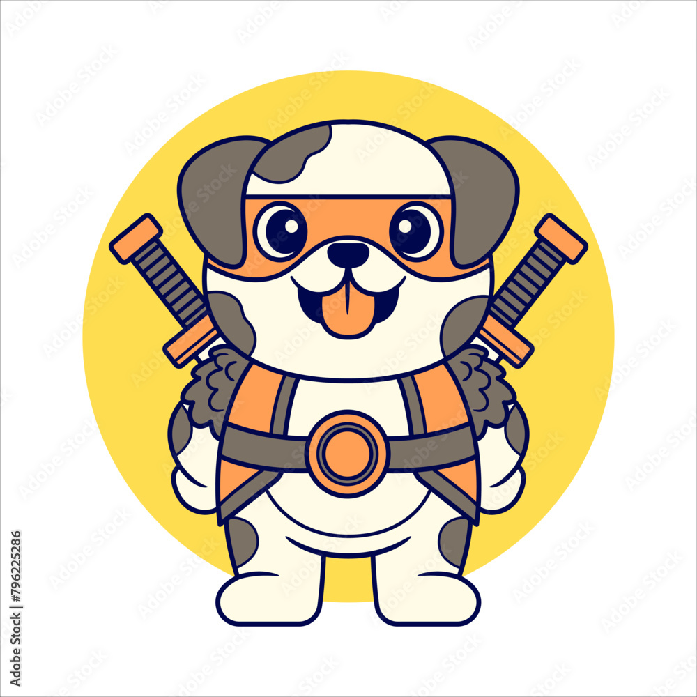 Adorable Dog with Medieval Warrior Costume holding Double Sword. Flat Color Adorable Dog with Medieval Warrior Costume holding Double Sword. Flat Color